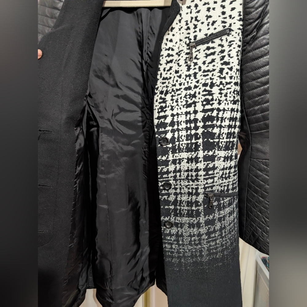 L.A.M.B. by Gwen Stefani long black & white wool blend, Leather Sleeves Size 8 - Picture 6 of 8